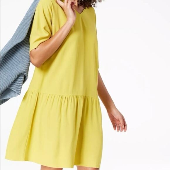Eileen Fisher Drop Waist Shift Dress Back Tie Lagenlook in Yarrow Citron Size XS - Picture 15 of 16